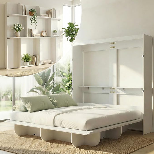 CECER Horizontal Murphy Bed Queen，Save Space for Offices/Guest-White | Multi-Functional Queen Murphy Cabinet Beds with Storage Shelf/Bookshelf，Sturdy frame ＆ Easy Assemble