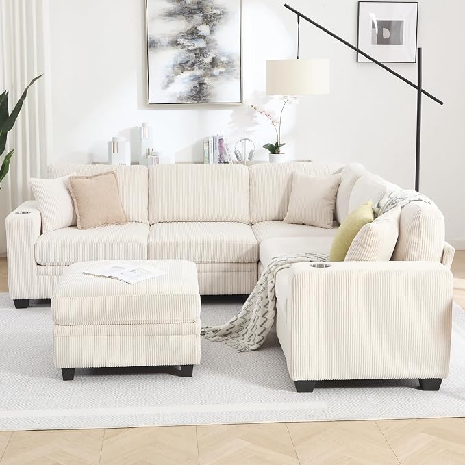 97" Modular Sectional Sofa with Storage, Corduroy 6-Seater V-Shaped Sofa with Ottoman Chaise, Convertible L-Shaped U-Shaped Cloud Sectional Couches for Living Room, Apartment