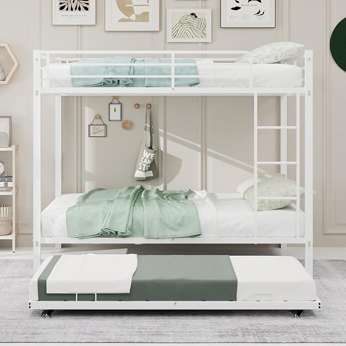 Metal Bunk Bed with Trundle, Space-Saving Bunk Bed Full Over Full with Ladders and Safety Guardrail, Heavy Duty Full Bed Frames, No Box Spring Needed and Noise Free(White)