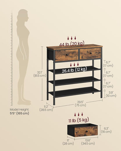 VASAGLE Shoe Rack, 4 Tier Shoe Storage Rack with 2 Fabric Drawers, Shoe Organizer for Entryway, with 3 Fabric Shelves and Wooden Top, Steel Frame, Modern Basic, Rustic Brown ULBS235KD01