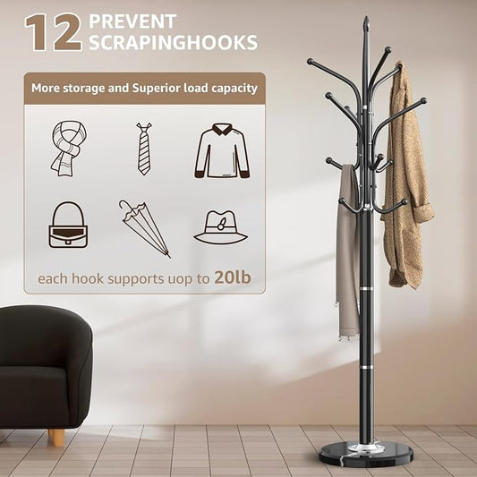 HzTinT Heavy Duty Coat Rack with Marble Base, Freestanding Hall Coat Tree with 12 Hooks and 3 Adjustable Sizes, Metal Coat Rack Stand for Entryway, Bedroom, Office Hanging Purses, Coats, Scarves, Hats