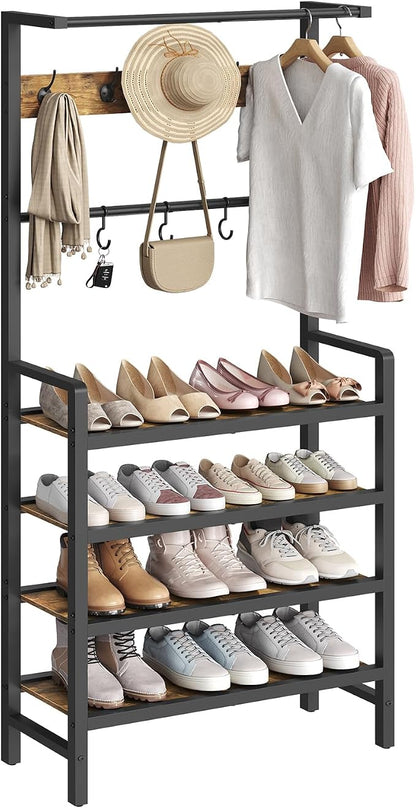 YATINEY Hall Tree, Coat and Shoe Rack, Entryway Coat Rack with 4-Tier Wooden Shoe Rack and 10 Hooks, Freestanding Hall Tree with Shoe Storage for Entryway, Hallway, Rustic Brown and Black MT09BR