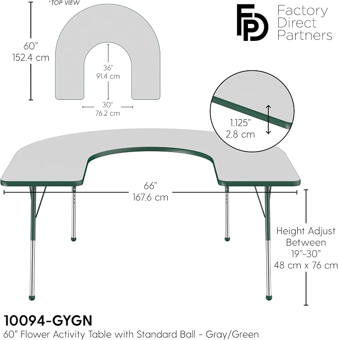 FDP Horseshoe Activity School and Office Table (60 x 66 inch), Standard Legs with Ball Glides for Collaborative Seating Environments, Adjustable Height 19-30 inches - Gray Top and Green Edge