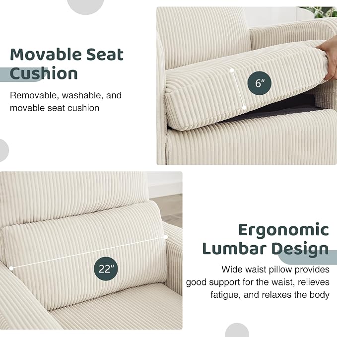 Swivel Rocker Recliner, Oversized Power Recliner Glider with Removable Cushion, Upholstered Corduroy Swivel Reclining Nursery Chairs for Living Room Bedroom, Cream White