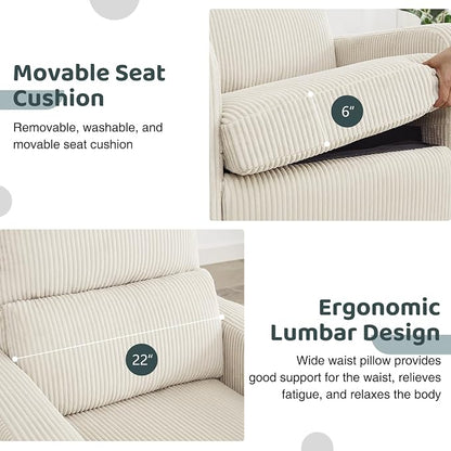 Swivel Rocker Recliner, Oversized Power Recliner Glider with Removable Cushion, Upholstered Corduroy Swivel Reclining Nursery Chairs for Living Room Bedroom, Cream White