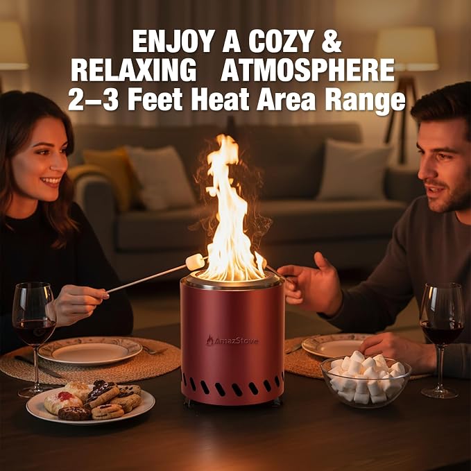 9.7 x 7.1 Inch Tabletop Fire Pit by AmazStove, Low Smoke Camping Stove for Outdoor Safe Burning Firepits, Fueled Pellets or Wood, Travel Bag Included (Red, 9.7 x 7.1 INCH)