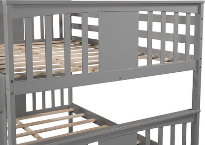 Merax Full-Over-Full Bunk Bed with Twin Trundle, Solid Wood Bunk Bed Frame with Guardrail and Removable Ladder, Can be Separated into 2 Beds, Grey