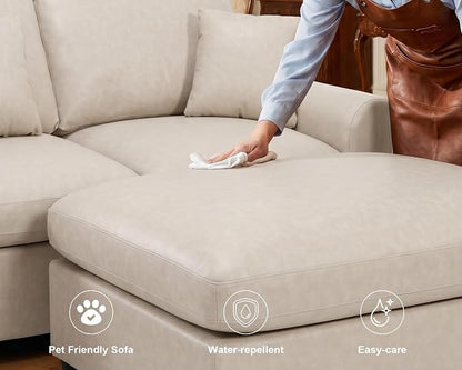 Oversized Faux Leather Modular Sectional Sofa for Living Room | with Ottoman, Extra Deep Seat, Pet-Friendly, Easy to Clean, Large 7 Seater U Shaped Cloud Couch, Beige