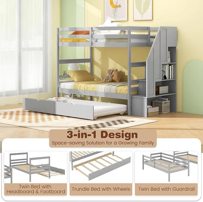 Giantex Bunk Bed Twin Over Twin with Trundle & Storage Stairs, Solid Wood Bunk Bed, Convertible to 2 Beds, Versatile Bunk Beds for Kids Teens Adults, Grey