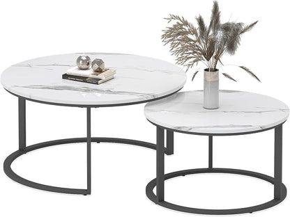 WiberWi Round Coffee Table Nesting Tables Set of 2, Large : Ø 33.5", Small : Ø 25.7", Modern Design Coffee Tables for Living Room, Metal Frame Circle Cocktail Table, High Glossy Faux White Marble