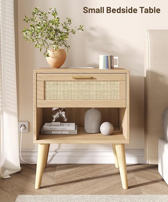 Keehusux 17.7" W x 15.7" D Rattan Nightstand Set of 2, Night Stand with Charging Station, Bedside Table with Open Shelf & Solid Wood Legs, Boho Night Stand with Drawer, End Table for Bedroom, Natural