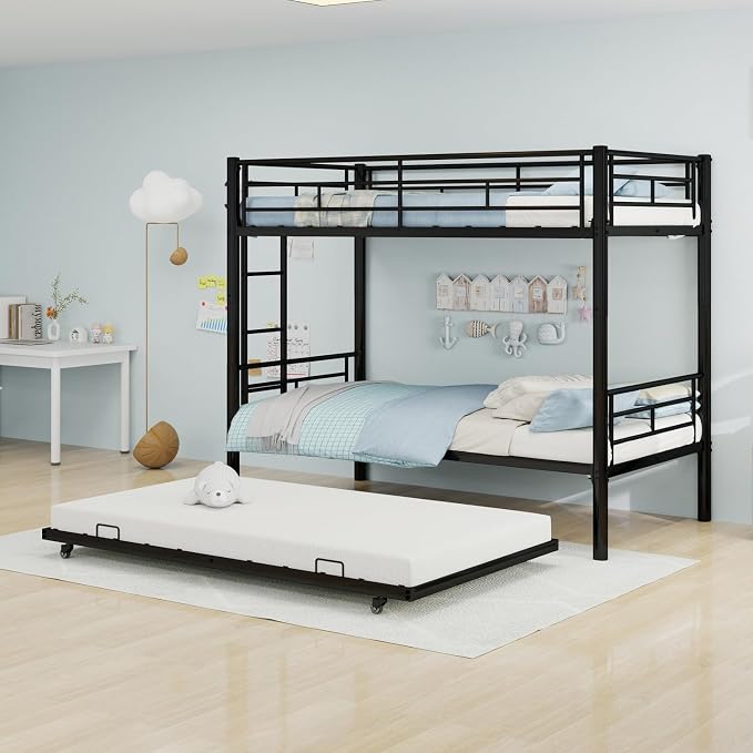 Metal Bunk Bed with Trundle, Space-Saving Bunk Bed Twin Over Twin with Ladders and Safety Guardrail, Heavy Duty Twin Bed Frames, No Box Spring Needed and Noise Free(Black)