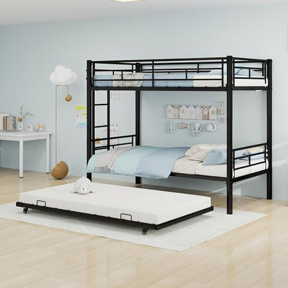 Metal Bunk Bed with Trundle, Space-Saving Bunk Bed Twin Over Twin with Ladders and Safety Guardrail, Heavy Duty Twin Bed Frames, No Box Spring Needed and Noise Free(Black)