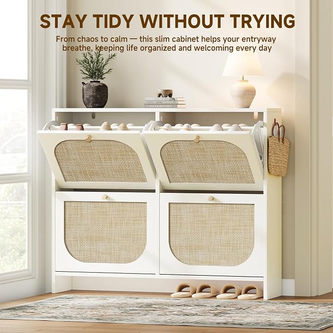 Nicetree Freestanding Ultra Slim Arched Rattan Accent Shoe Storage Cabinet for Entryway - 4 Flip Drawers & 3-Tier Adjustable Shelves, Farmhouse Modern Rustic Shoe Rack for Hallway Foyer,Cloud White