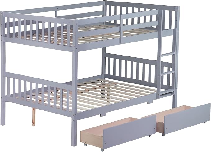 Harper & Bright Designs Full Over Full Bunk Bed with 2 Drawers, Convertible into 2 Beds, Bunk Bed with Ladder and Safety Guardrails, Gray