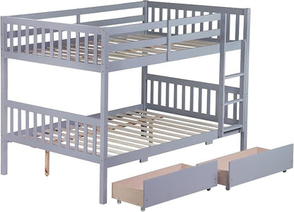 Harper & Bright Designs Full Over Full Bunk Bed with 2 Drawers, Convertible into 2 Beds, Bunk Bed with Ladder and Safety Guardrails, Gray