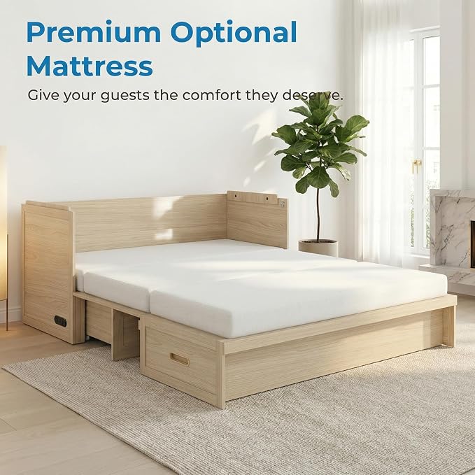 Mjkone Murphy Bed with Tri-Folding Mattress, Queen Hidden Cabinet Bed with Built-in USB Charging Station and 2 Storage Drawers, Foldable Wall Cabinet Beds for Living Room, Natural Wood Color