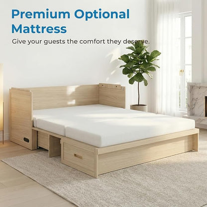Mjkone Queen Murphy Bed, Murphy Cabinet Bed with USB Charging Station & Tri-Fold Memory Foam Mattress, Hidden Cube Cabinet Beds with Large Storage Drawer for Guest Room Home Office, Natural Wood