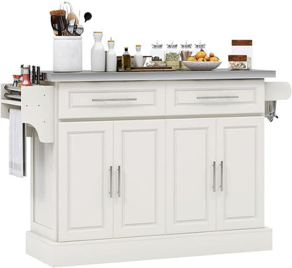 HOMCOM Rolling Kitchen Island Cart with 47" Stainless Steel Top, Portable Island Table for Kitchen with Wheels, Adjustable Shelves, 2 Drawers, Spice, Knife and Towel Rack, Cream White