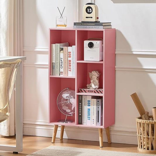 LEYAOYAO 5 Cube Bookshelf 3-Tier Bookcase with Legs,Mint Light Pink Kids Book Shelf Cute Storage Organizer,Free Standing Open Toy Shelves Wood Bookshelves,Display Bookcases for Bedroom,Living Room