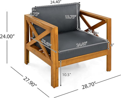 Merax Outdoor 4-Piece Acacia Wood Conversation Set - Patio 3-Seat Loveseat Sofa Daybed with Cushion, 2 Armchair and Round Coffee Table for Backyard, Lawn, Balcony, Teak+Dark Gray