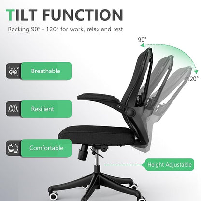300 LBS Ergonomic Office Computer Mesh Chair - Adjustable Height Rolling Desk Chair with Flip-Up Armrests & High Back Support - Comfortable Swivel Task Chair for Home Office