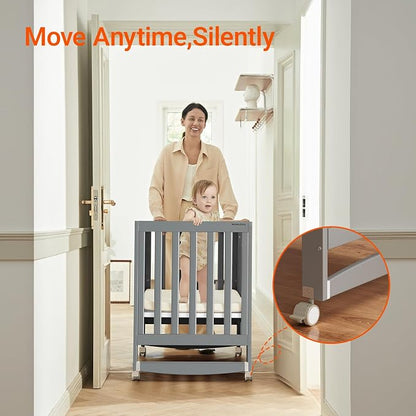 MAMAZING EvoNest Baby Crib, 11 in 1 Convertible Crib with Wheels, 100% New Zealand Wood Growing Bed, Full Size Crib for Baby, 4 Adjustable Mattress Height, Grey