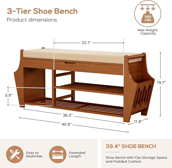 oakvivo 39.4in Shoe Bench with 2 Side Holder, 3 Tier Bamboo Entryway Bench with Storage, Shoe Rack Bench Organizer with Cushion for Entryway Hallway Living Room, Holds up to 330lbs
