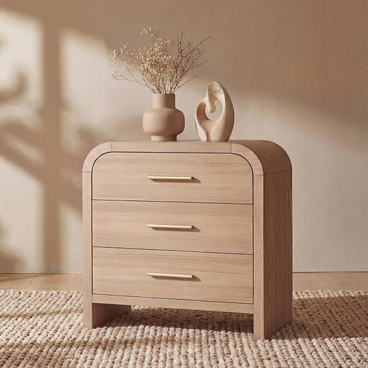 Night Stand [Unique Curved Profile] [FSC-Certified Wooden Board] 3-Drawer Nightstand 26.7" H Metal Handle Modern Sturdy Bedside Table Side Table End Table