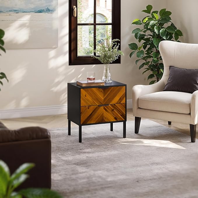 Bme Vivian Nightstand with 2 Drawers, Solid Acacia Wood Bedside Table, Rustic Golden Brown Mid Legacy Modern Night Stand with Storage for Bedroom, Solid Wood End Table with Metal Legs