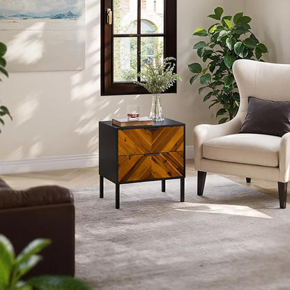 Bme Vivian Nightstand with 2 Drawers, Solid Acacia Wood Bedside Table, Rustic Golden Brown Mid Legacy Modern Night Stand with Storage for Bedroom, Solid Wood End Table with Metal Legs