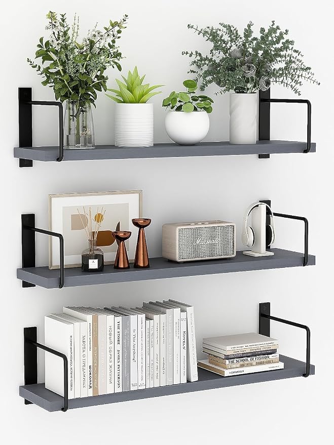 Floating Shelves, 24 Inches Easy to Install Wall Mounted Shelves, Set of 3, Rustic Wood Shelves for Wall Decor, Storage Shelves for Living Room (Grey)