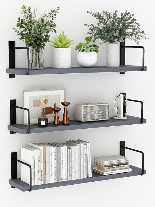 Floating Shelves, 24 Inches Easy to Install Wall Mounted Shelves, Set of 3, Rustic Wood Shelves for Wall Decor, Storage Shelves for Living Room (Grey)