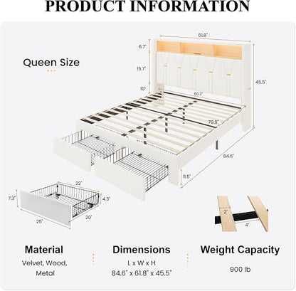 SHA CERLIN Queen Velvet Platform Bed Frame with 2 Storage Drawers, LED Storage Headboard with Charging Station, Upholstered Wingback Headboard, Noise-Free, No Box Spring Needed, Easy Assembly, White