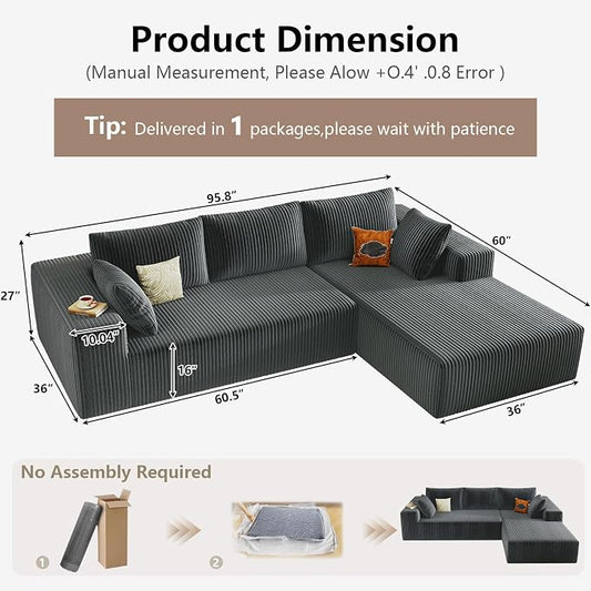 95" Cloud Sectional Couch with L-Shape Chaise, Modular Comfy Sofa Chaise Longue, Upholstered Corduroy Couches Sleeper with Deep Seat for Living Room Bedroom, No Assembly Required(Grey, Right Facing)