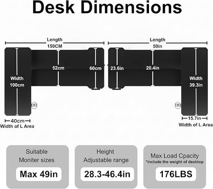 Acrolix L Shaped Electric Standing Desk - 59x40 Inch Reversible Corner Sit Stand Desk with Hook&Cup Holder,Electric Height Adjustable Table,for Home Office Gaming Computer Desk, Black