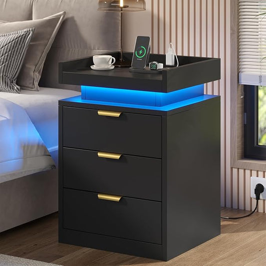 knoworld LED Nightstand with Charging Station & USB Ports, 3-Drawer Bedside Table with Adjustable RGB LED Lights, High-Gloss Modern Nightstands for Bedroom, Black