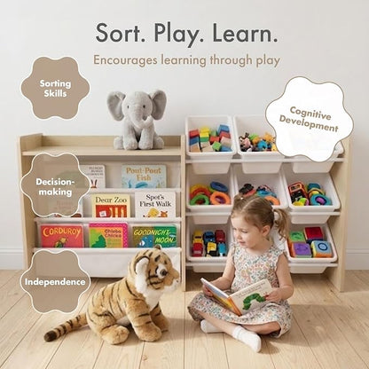 Humble Crew Toy Storage Organizer with Book Shelf and Top Shelf, 9 Removable Storage Bins for Kids Playroom, Toy Organization, Solid Wood, Natural/White