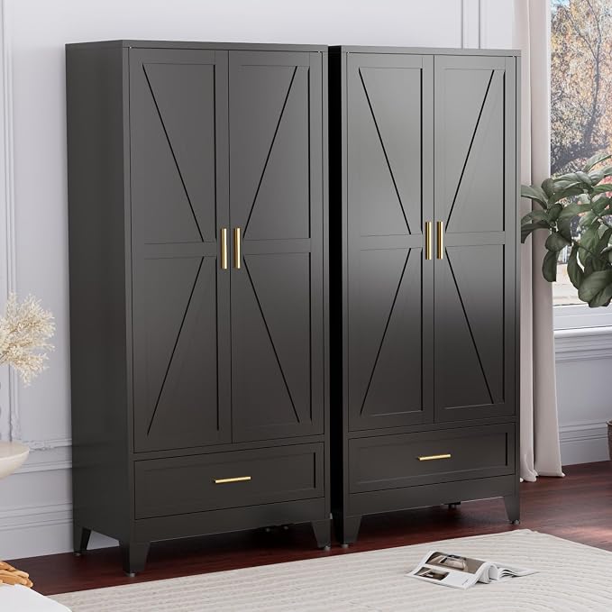Black Metal Wardrobe Closet, Steel Armoire Wardrobe with Drawer Clothes Cabinet for Bedroom, 71" Tall Farmhouse Armoire Closet with Drawer, Shelf and 2 Doors Clothing Storage Cabinet with Hanging Rod