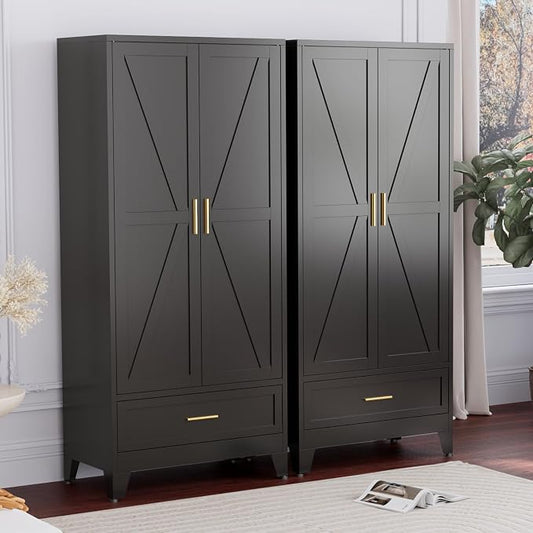 Black Metal Wardrobe Closet, Steel Armoire Wardrobe with Drawer Clothes Cabinet for Bedroom, 71" Tall Farmhouse Armoire Closet with Drawer, Shelf and 2 Doors Clothing Storage Cabinet with Hanging Rod
