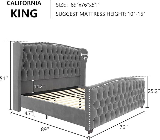 AMERLIFE California King Size Platform Bed Frame, Velvet Upholstered Bed with Deep Button Tufted & Nailhead Trim Wingback Headboard/No Box Spring Needed, Grey