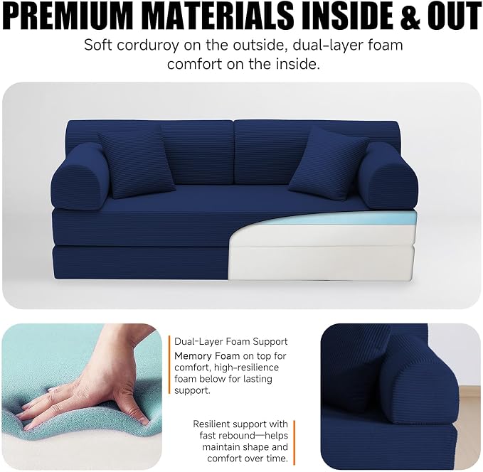 78.8" Memory Foam Boneless Couch, Corduroy Floor Sofa Bed, Convertible Sleeper Futon Loveseat, Wide Armrests & Back Support, Supports Up to 1200 lbs, Couch in a Box with 2 Pillows, Navy Blue