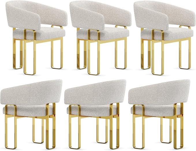Dining Chairs Set of 6, White and Gold Barrel Boucle Dining Chairs with Arms and U-Shaped Mirrored Gold Legs, Contemporary Side Chairs for Dining Table, Kitchen and Dining Room Restaurant