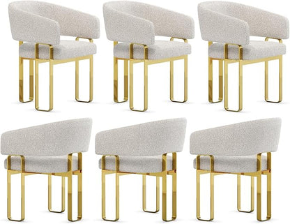 Dining Chairs Set of 6, White and Gold Barrel Boucle Dining Chairs with Arms and U-Shaped Mirrored Gold Legs, Contemporary Side Chairs for Dining Table, Kitchen and Dining Room Restaurant