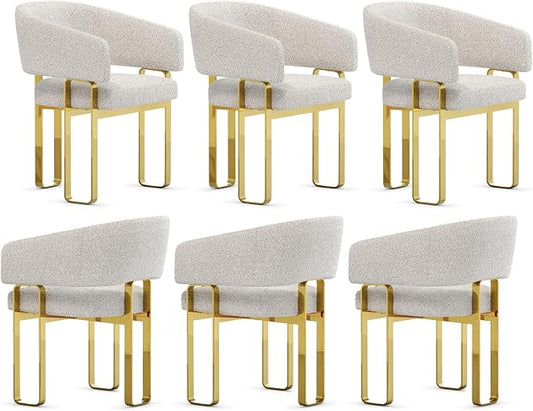 Dining Chairs Set of 6, White and Gold Barrel Boucle Dining Chairs with Arms and U-Shaped Mirrored Gold Legs, Contemporary Side Chairs for Dining Table, Kitchen and Dining Room Restaurant