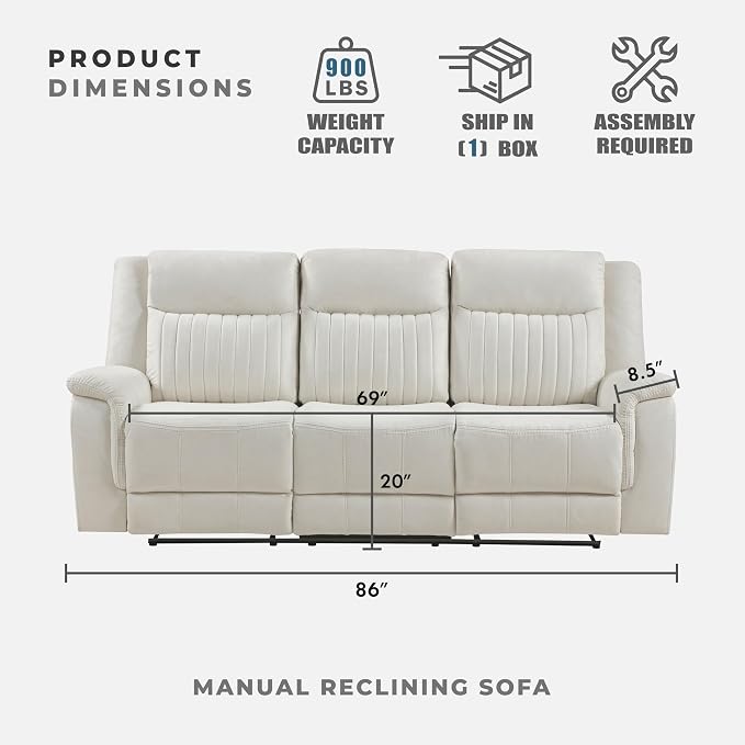 Lexicon Manual Double Reclining Sofa, Polished Microfiber Upholstered 3 Seater Manual Sofa Recliner for Living Room, Wall Hugger, Easy Assembly, Beige