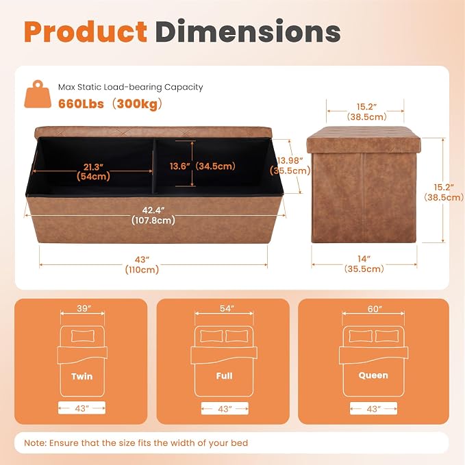 Sweetcrispy 43 Inches Folding Ottoman with Storage Bench, Foot Rest Stool, End of Bed Storage Bench Upholstered, Load 660 lbs, for Living Room, Synthetic Leather, Brown