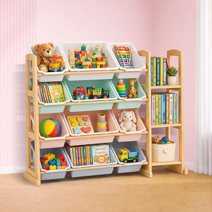 Kids Toy Storage Organizer with Bookshelf – Wooden Shelf with 12 Bins & 3 Shelves, Quick Assembly Storage Rack for Playroom, Bedroom, Nursery– Colorful