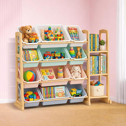 Kids Toy Storage Organizer with Bookshelf – Wooden Shelf with 12 Bins & 3 Shelves, Quick Assembly Storage Rack for Playroom, Bedroom, Nursery– Colorful