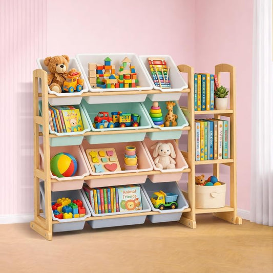 Kids Toy Storage Organizer with Bookshelf – Wooden Shelf with 12 Bins & 3 Shelves, Quick Assembly Storage Rack for Playroom, Bedroom, Nursery– Colorful